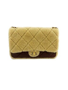 Chanel Ten Maxi Quilted Shearling Lambskin CC Logo 2-Way Gold Brown Shoulder Bag